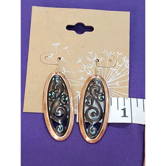 Copper Tone Metal Dangle Earrings, Oval Shape with Antiqued Bronze Scrollwork - Picture 7 of 10